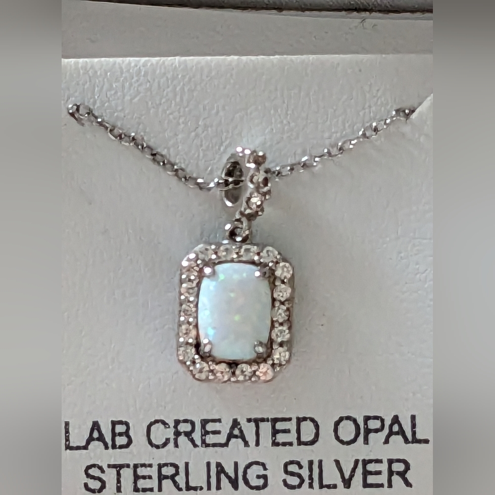 Lab Created White Opal  Rectangle Shape Pendent 18 In. Sterling Silver Necklace